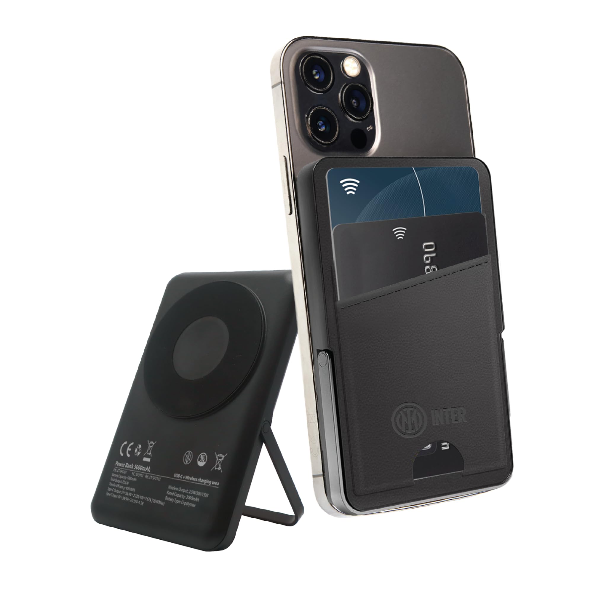INTER Powerbank Portafogli – con ricarica Wireless MagSafe 5000mAh – Compatibile con Apple e Android, Ricarica Rapida Wireless e via Cavo Type-C – Cavo Incluso – Prodotto ufficiale (nero)