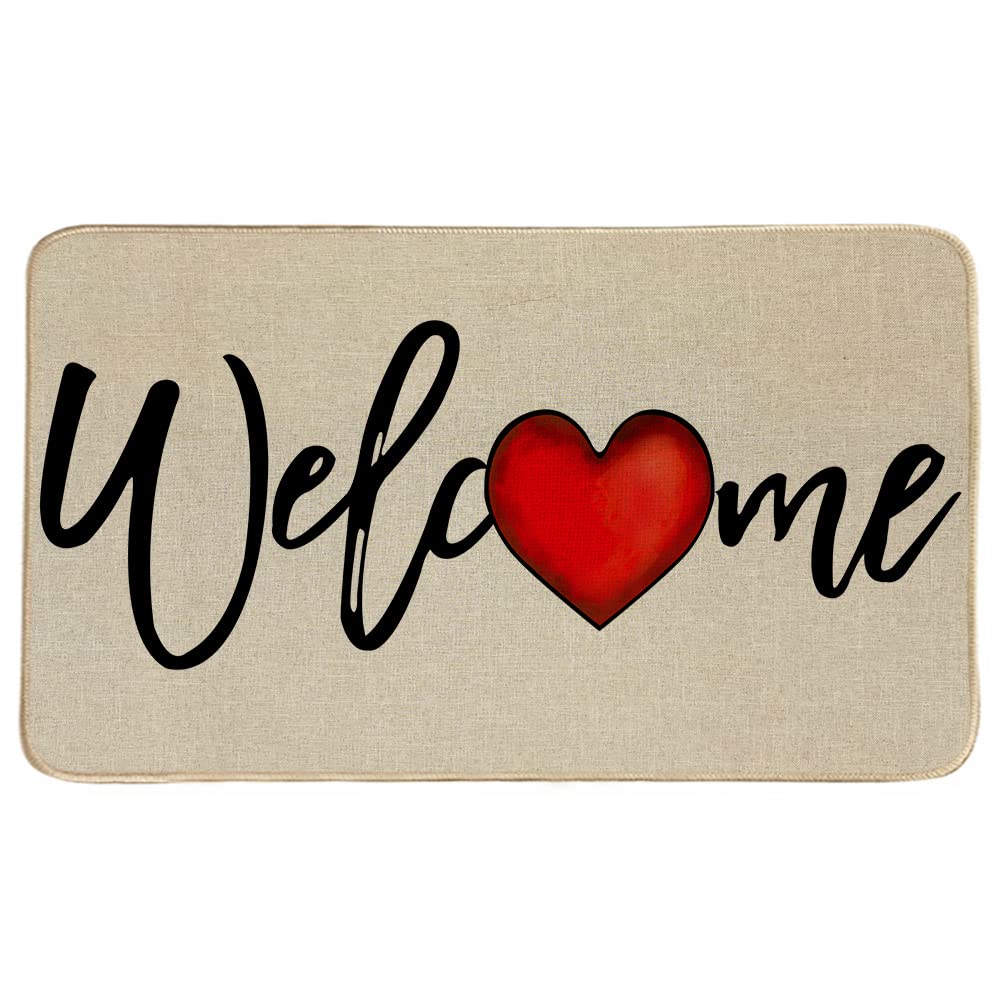 Welcome Valentines Day Door Mat 17 x 29 Inch, Seasonal Love Heart Valentines Decorative Doormat Non-Slip Rubber Backed Entryway Rugs for Indoor Outdoor Entrance Floor DM041