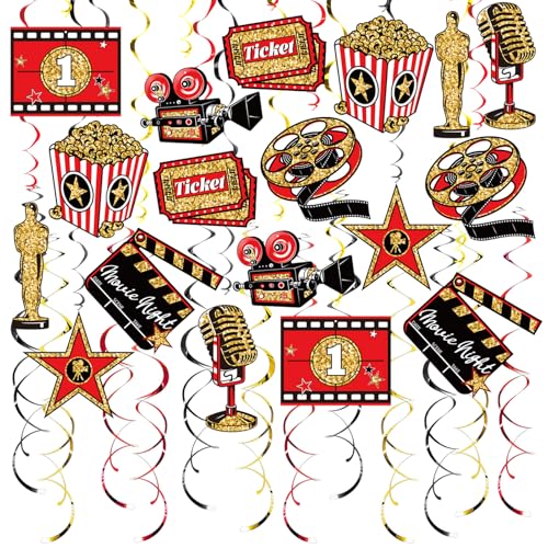 Image of Movie Night Hanging Swirl Set Party Decorations, 48 Pcs, Hollywood Theme with Popcorn Trophy Microphone Film Reel Party Supplies Sign, Red Black Gold