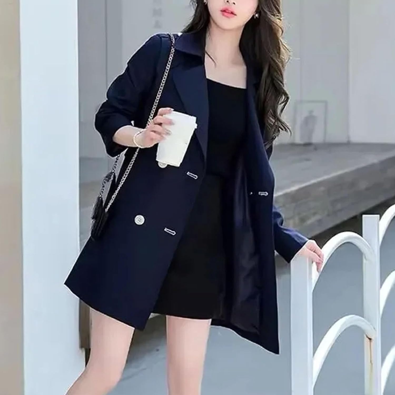 Womens Korean Trench Coat Casual Mid-length Outerwear Spring Long Sleeve Casual Windbreaker
