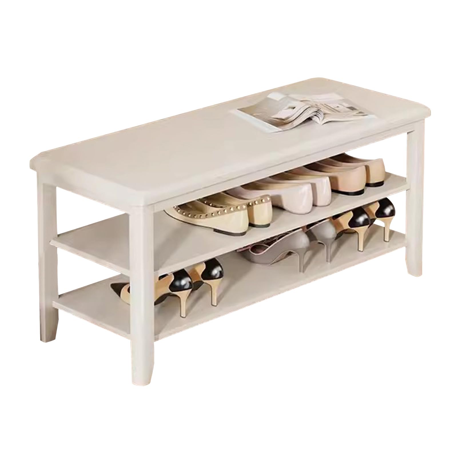 SXZenSpace Entryway Shoe Storage Bench, White Wood Entry Bench with 2-Tier Rack, Organizer for Hallway Living Room