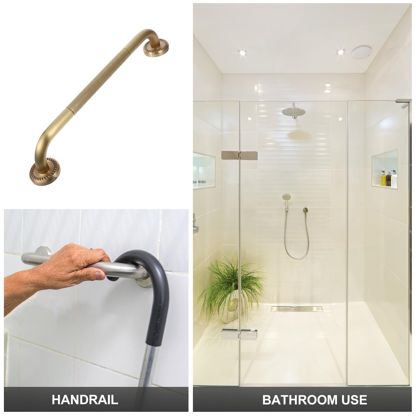 Barra de Apoyo para Baño Dorada de Cobre Antideslizante y Cómoda para Personas Mayores Diseño Humanizado y Estructura Simple para Mayor Seguridad en Ducha y Bañera
