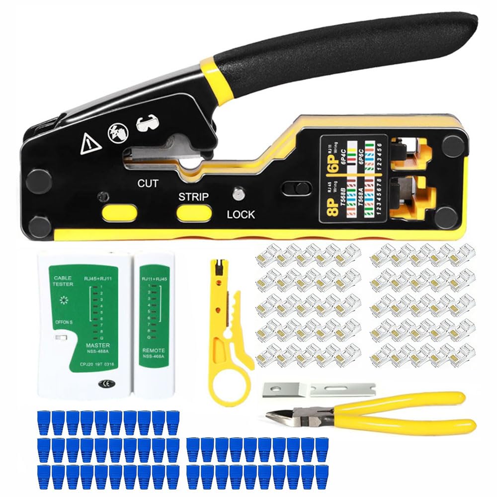 RJ45 Crimp Tool Kit Pass Through Crimper Cutter for Cat5 Cat5e Cat6 Cat6a 8P8C Modular Connector All-in-One Cat6 Crimping Tool Etrhernet Crimper Tool and Tester(9V Battery Not Included)