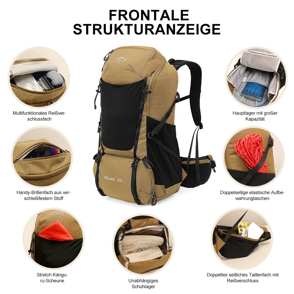 INOXTO Wanderrucksack Herren Damen,35L wasserdichtes leichter Wanderrucksäcke mit 3L Wasserbeutel mit Regenschutz für Bergsteigen, Wandern, Camping, OutdoorSportarten (Khaki Schwarz)