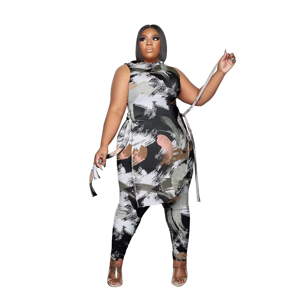 Dmoled Women Plus Size 2 Piece Outfits Jumpsuit Camouflage Print Sleeveless Slit Tunic Tops Pant Set