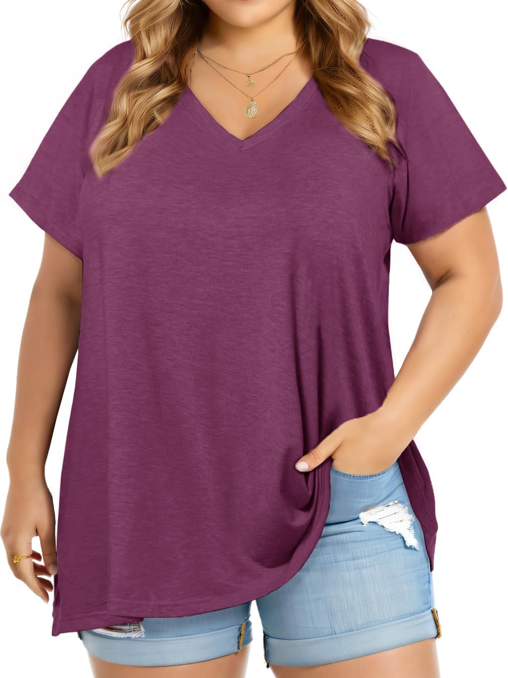 JOELLYUS Plus Size Tops for Women Summer Top Loose Fit Tee Shirts V Neck Short Sleeve Blouse