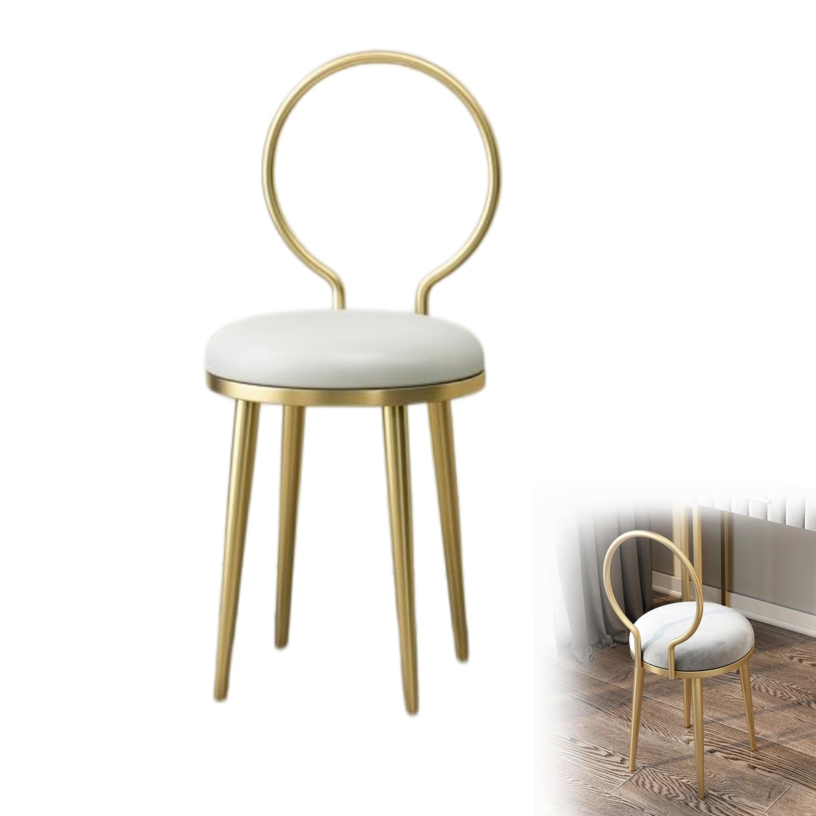 Taburete de maquillaje con respaldo redondo y patas de metal brillante para dormitorio