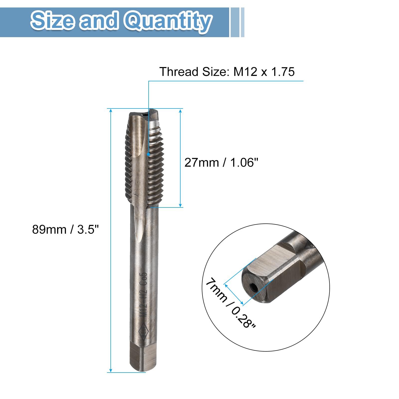 uxcell Spiral Point Plug Threading Tap M12 x 1.75 Thread, Ground Threads H2, M35 High Speed Steel Cobalt, Heat Coloring, Metric Screw Taps Tapping Bit for Thread Repair