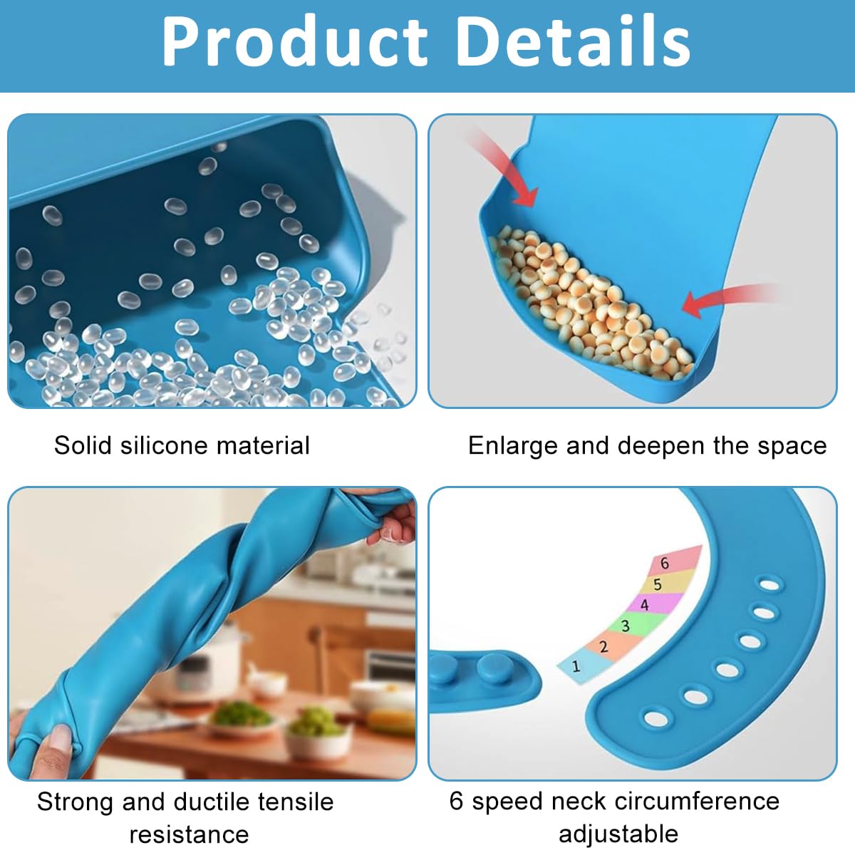 HANNEA® Silicone Adult Bibs Small Reusable Bib with Catch-All Pocket & Adjustable Neck Strap, Waterproof Dining Bibs for Elders, Patient, Easy To Clean 17.7x11.4 Inches (Blue) - Image 3 thumbnail