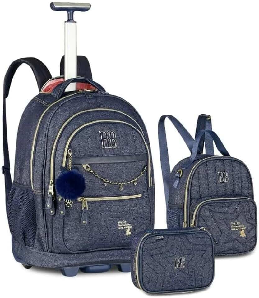 Kit Mochila Carrinho Estojo Lancheira Rebecca Bonbon Jeans