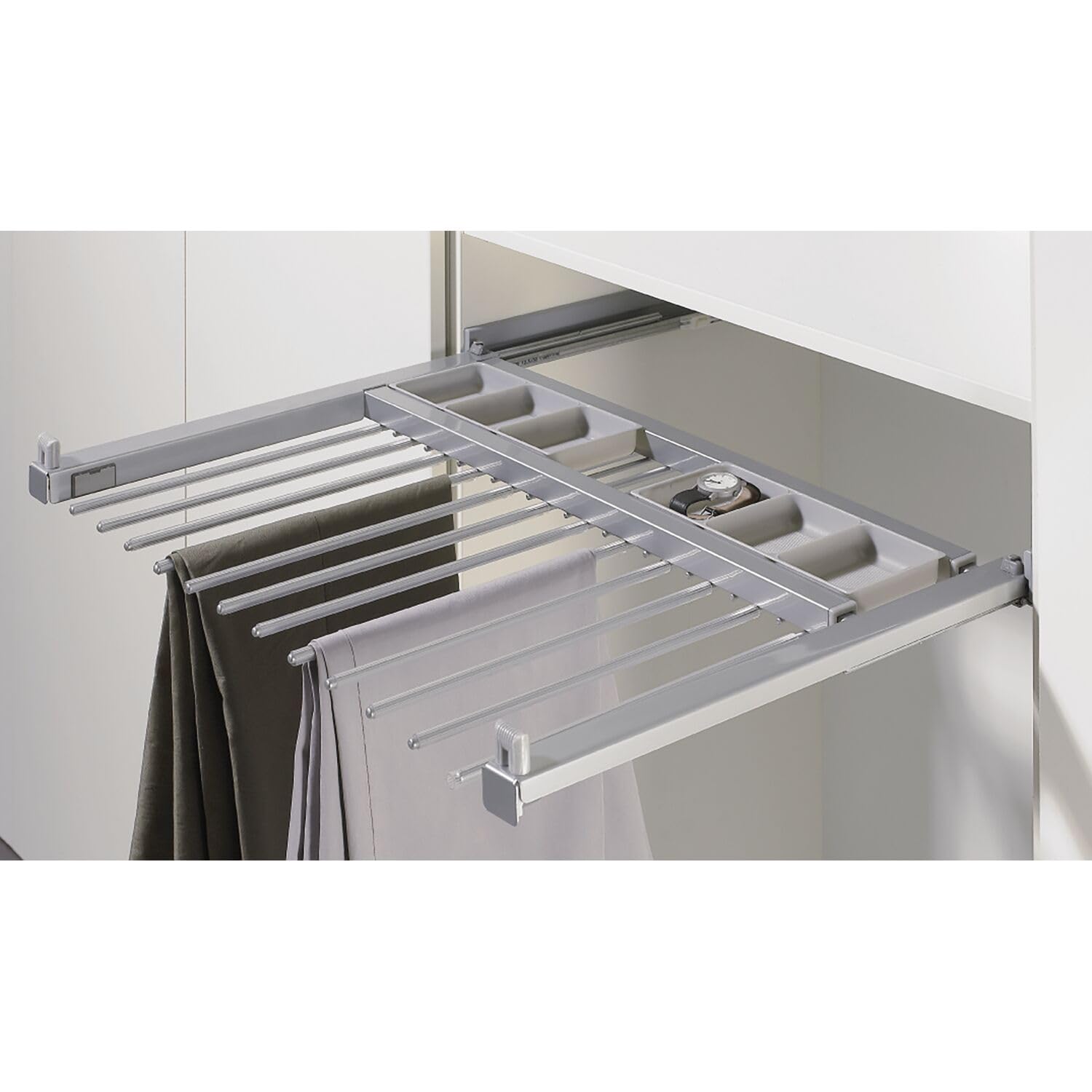 Hettich 9132919 Amari 200-Soporte (Tirantes), Extensible para 14 Pantalones, Ancho del Cuerpo 800-900 mm, Acero Plateado, Plata