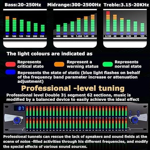 Ecualizador gráfico estéreo profesional de 31 bandas con 10 efectos preestablecidos, ajuste independiente de graves/medios/altos para estudio de grabación y sistemas de sonido