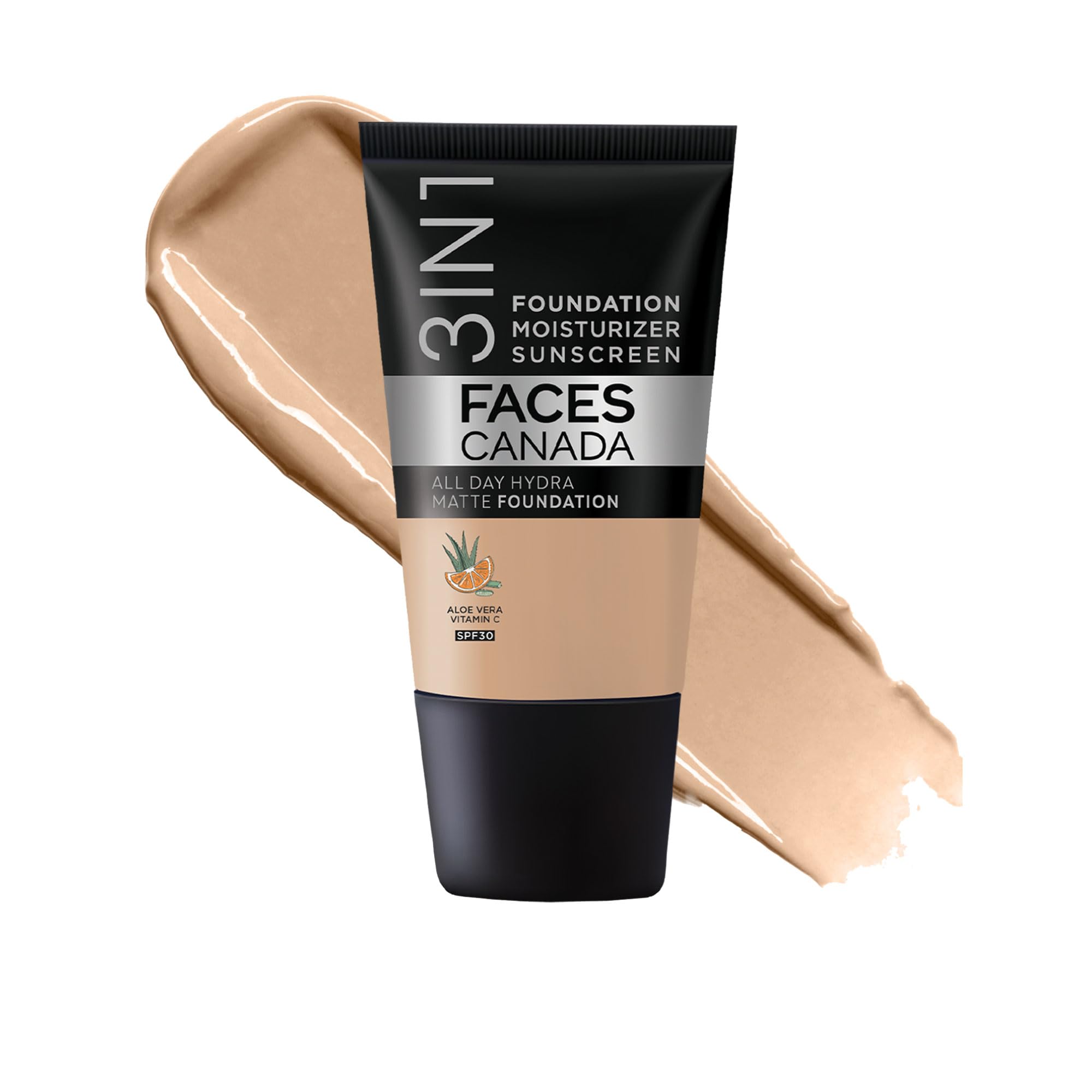 faces canada all day hydra matte foundation - mini | 3in1 foundation + moisturizer + spf 30 | 24 hr aloe hydration & vitamin c | 10hr wear | medium to high buildable coverage | medium natural (18 ml)