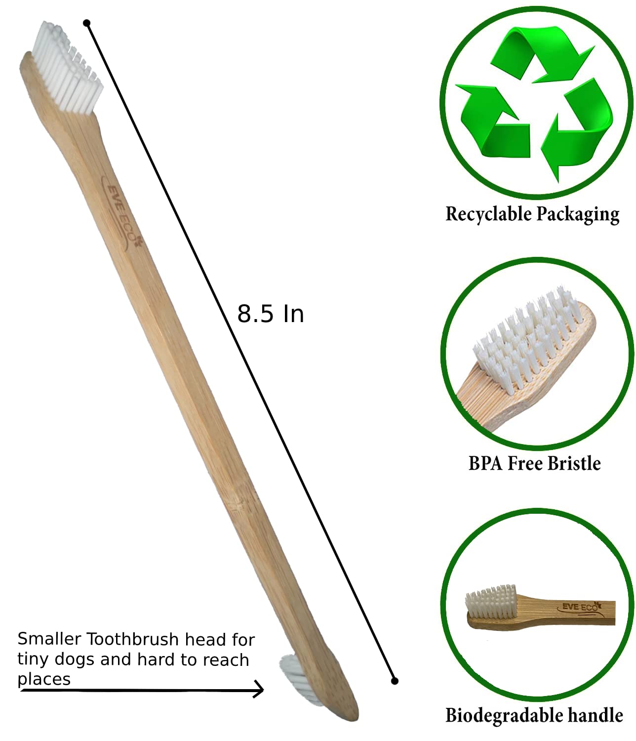 Paquete de 4 cepillos de dientes de bambú para perros y mascotas, 2 cabezales de cepillo grandes y pequeños con extra largo de 8.5 pulgadas, uso con pasta de dientes para eliminar caries, mal