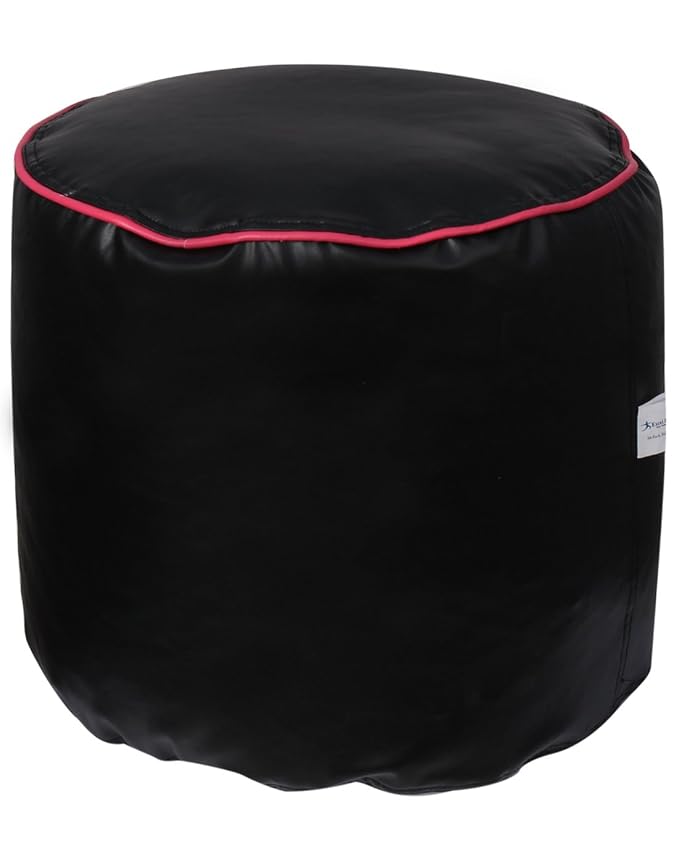 Sattva Round Footstool Cover (Without Beans) - Black with Pink Piping