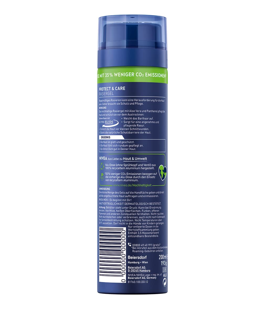 NIVEA MEN Protect & Care żel do golenia (200 ml), ochrona i pielęgnacja dla delikatnego golenia, przyjazny dla skóry żel do golenia dla mężczyzn z aloesem i pantenolem