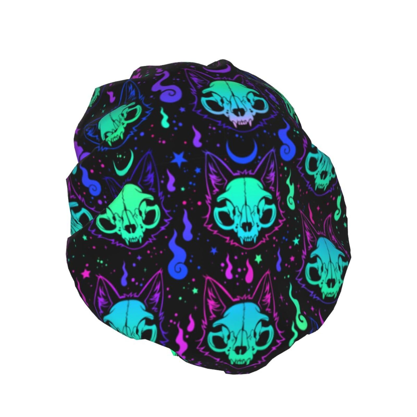 halloween trippy goth black cat skull Reusable Shower Cap & Bath Cap Waterproof Shower Caps Large Designed for all Hair Lengths & Elastic Hair Hat