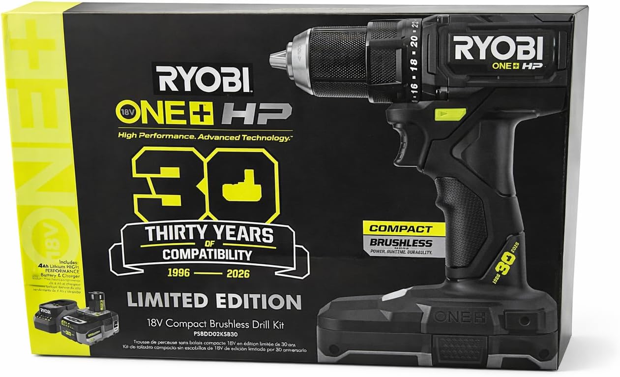 30th Anniversary Ryobi ONE+ HP 18V Compact Brushless 1/2" Drill Kit – Blackout Edition with 4.0Ah Battery & Charger