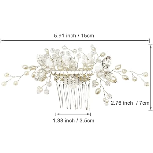 Miniatura 6 de Piezas de vid para el pelo de novia con peine de perlas, hojas de diamantes de imitación florales, accesorios para mujeres y niñas (flor blanca y