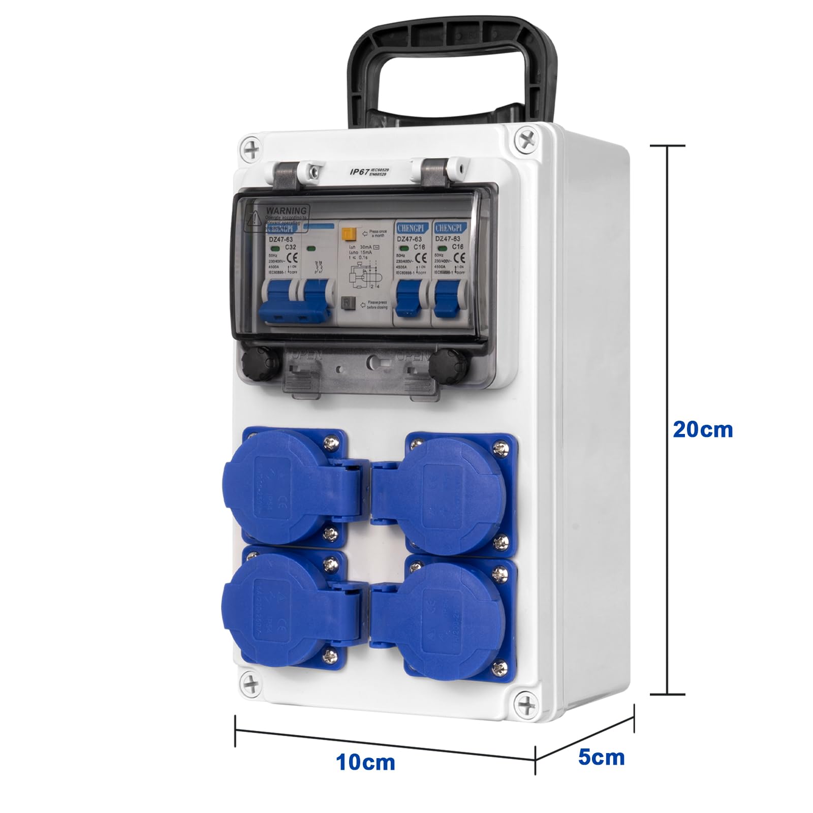 Distributore di Corrente per Cantieri con Interruttore FI 2P+N 32A, Distributore a Parete con 4 Spine di Messa a Terra 250V/16A, Distributore a Superficie per Edilizia, Industria, Uso Esterno