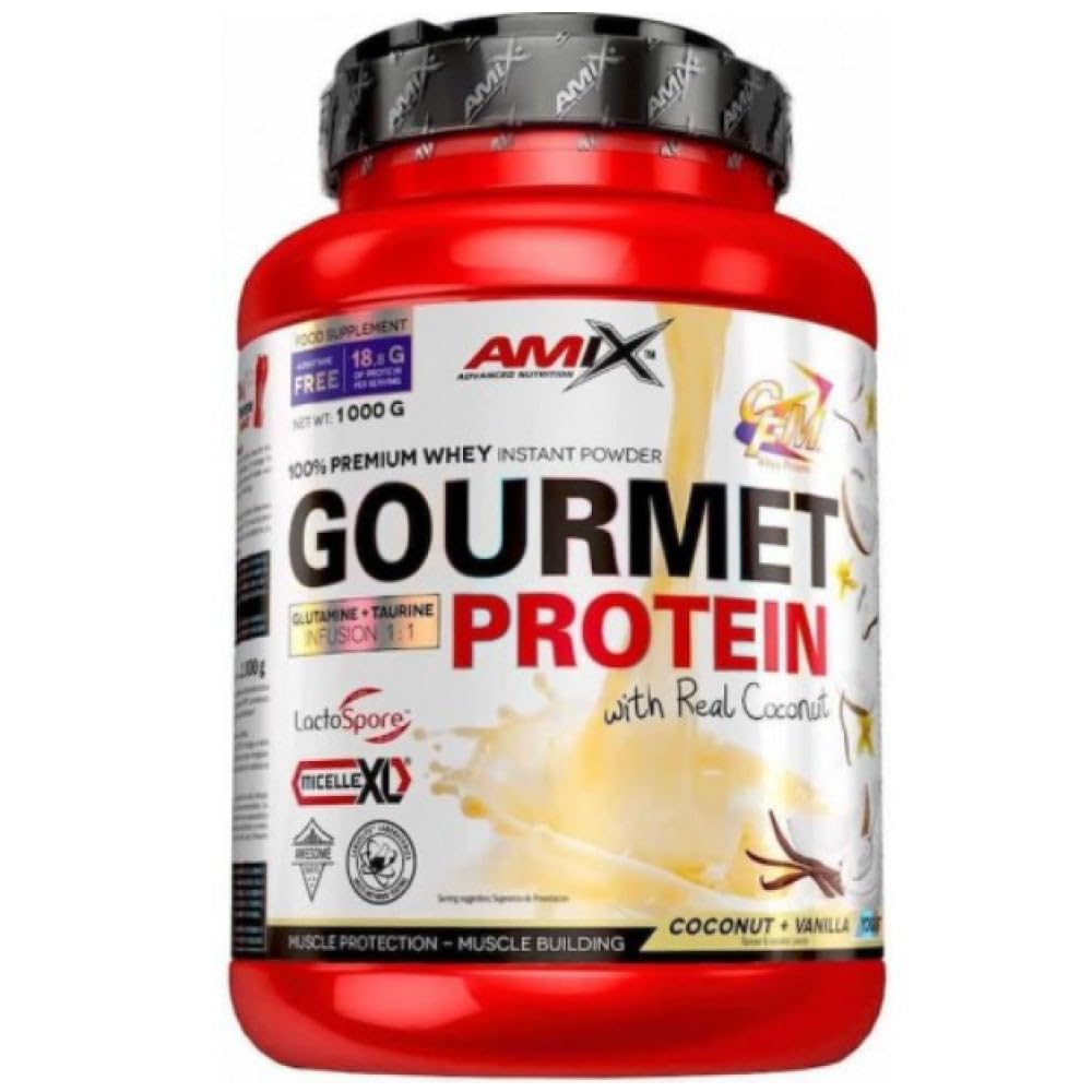 Amix - Gourmet Protein - Suplemento Alimenticio - Mejora del Rendimiento - Contiene Aminoácidos Bcaa - Glutamina en Polvo - Nutrición Deportiva - Sabor a Coco-Vainilla-Yogurt - Bote de 1 Kg