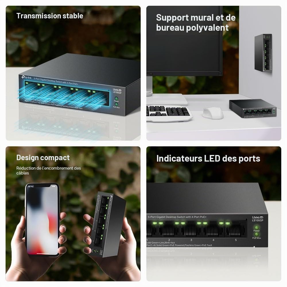 LiteWave LS105GP Commutateur non géré Gigabit Ethernet (10/100/1000) Alimentation via Ethernet (PoE) Noir