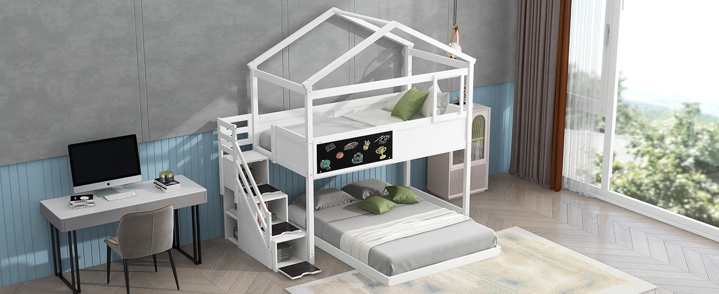 Twin Over Full House Bunk Bed with Storage Staircase and Blackboard,White