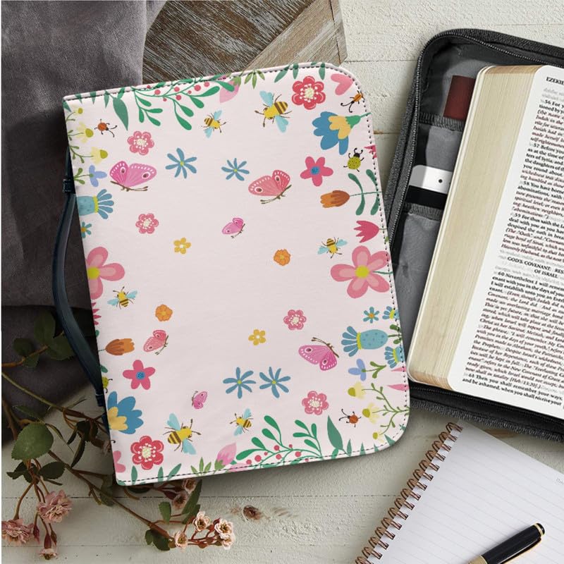 Garronmavis Boho Butterfly Bible Cover for Boy Men Bee Flowers Bible Carrying Bag, Floral Butterflies Bible Case with Keychain - M - Image 3