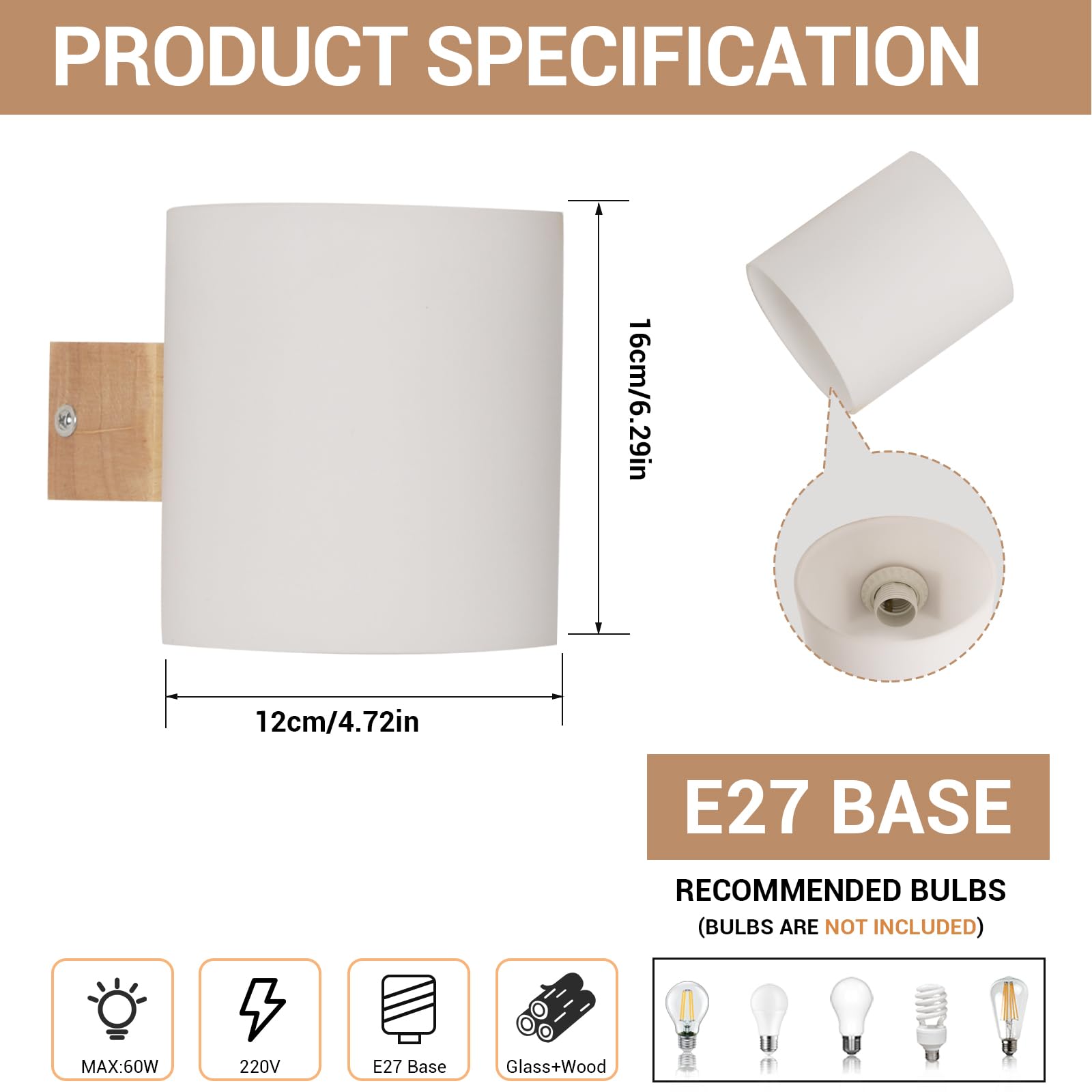 Wandleuchte Innen Holz E27, 2 Stück Wandlampe Innen mit Glas Lampenschirm, Moderne Holz Wandbeleuchtung mit E27 Fassung für Schlafzimmer Küche Wohnzimmer Flur Treppenhaus (Ohne Glühbirne)