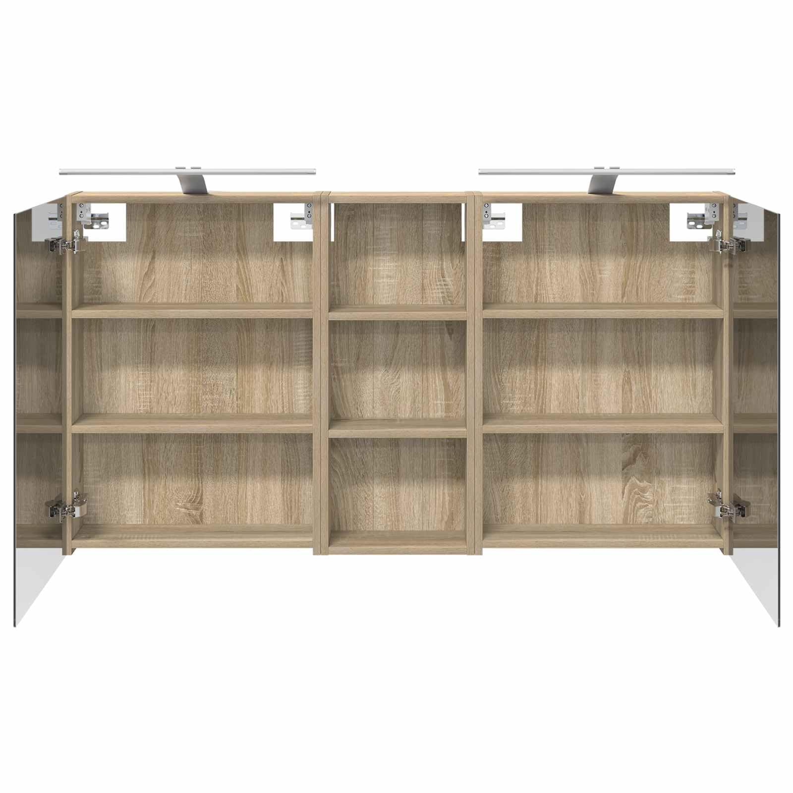 3-częściowy zestaw szafek łazienkowych z materiału drewnopochodnego 130 x 14,5 x 70 cm, montowana na ścianie, z oświetleniem LED i dwukierunkowym lustrem, do łazienki, WC i pralni, miejsce