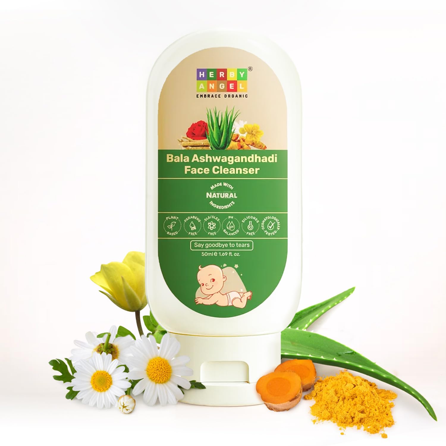 Face Cleanser for Babies & Kids | Dermatologically Tested, Organic Face Wash | With Rose Water, Turmeric & Aloe Vera | All Skin Types | Baby Skincare | Safe for Newborns (50ml)