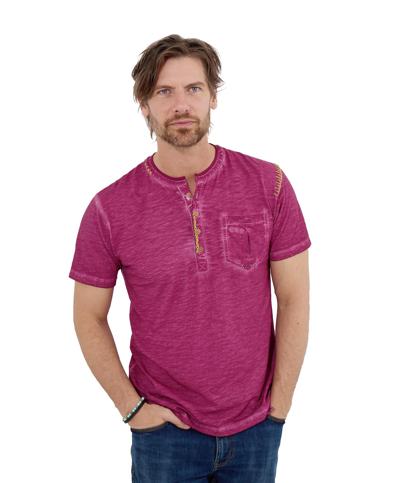 Joe Browns Men's Short Sleeve Chest Pocket Henley Shirt, Purple, M