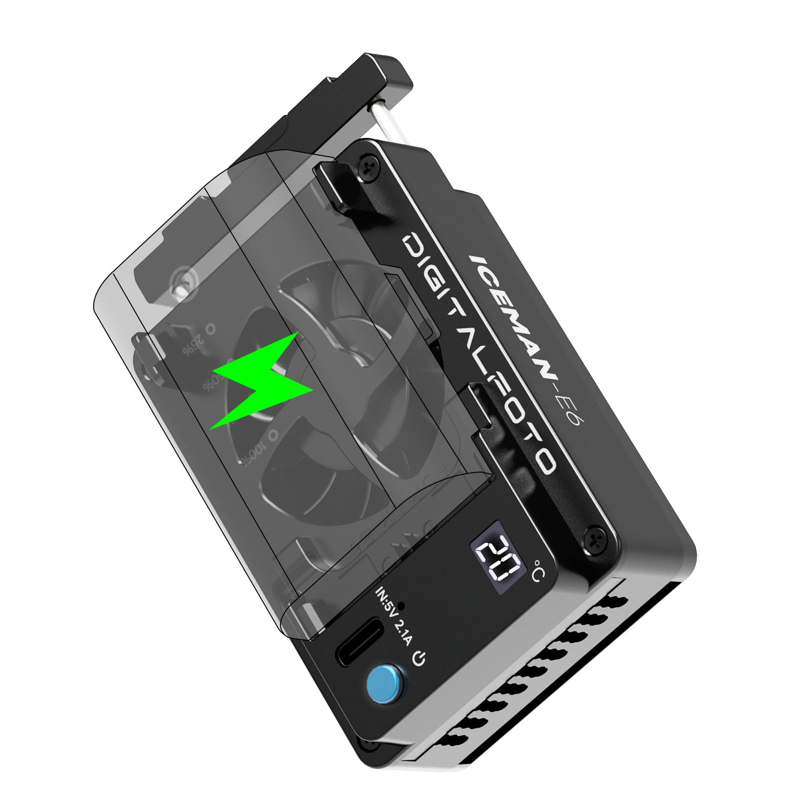 ICEMAN-E6 Camera Cooling Fan para Canon R5/R6/90D/SX70, Ventilador de Refrigeración TEC con Pantalla LED, Doble Alimentación LP-E6/USB-C, Silencioso, Montaje Rápido
