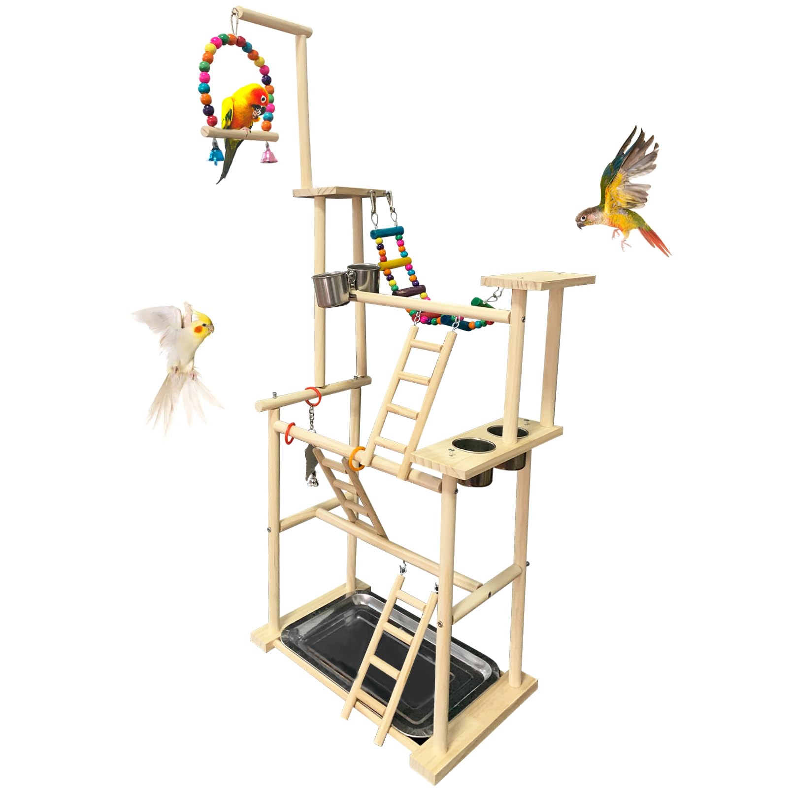 Hamiledyi Natural Wood Bird Playground Stand with 4 Large Layers - Exercise Perch for Parrots Cockatiels and Small Birds Indoor Bird Activity Center with Ladders and Swings