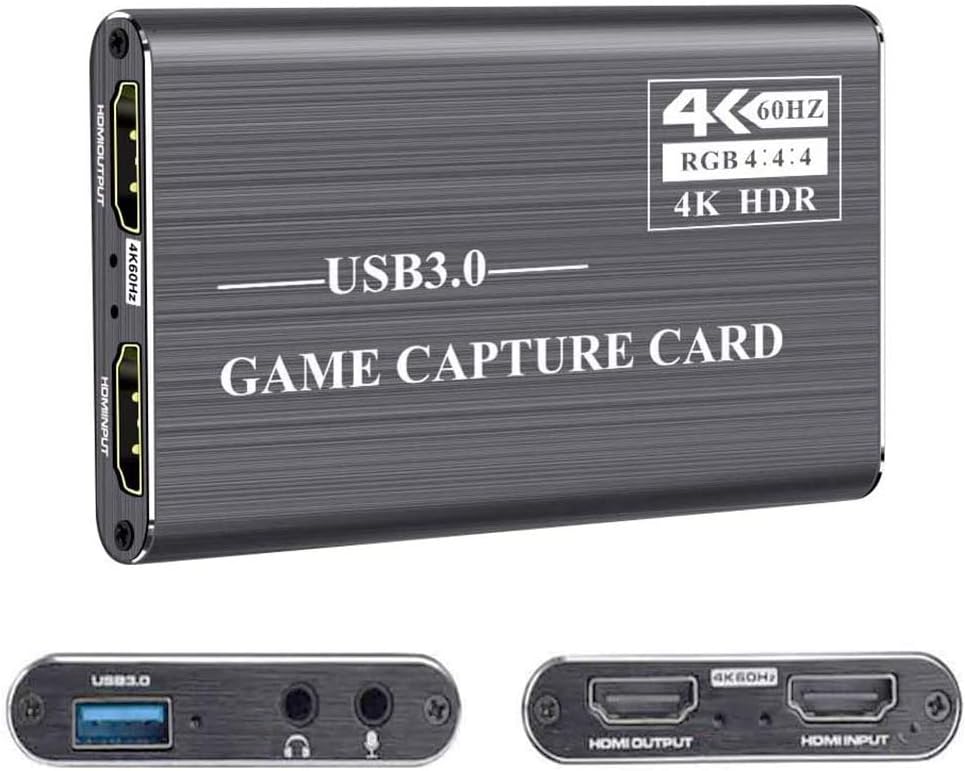 Capture card, 4K HDMI to USB 3.0 Portable Video Audio Capture Cards HD 1080P Hdmi Recorder Game Capture Card for Live Streaming Broadcast Recording (gray)