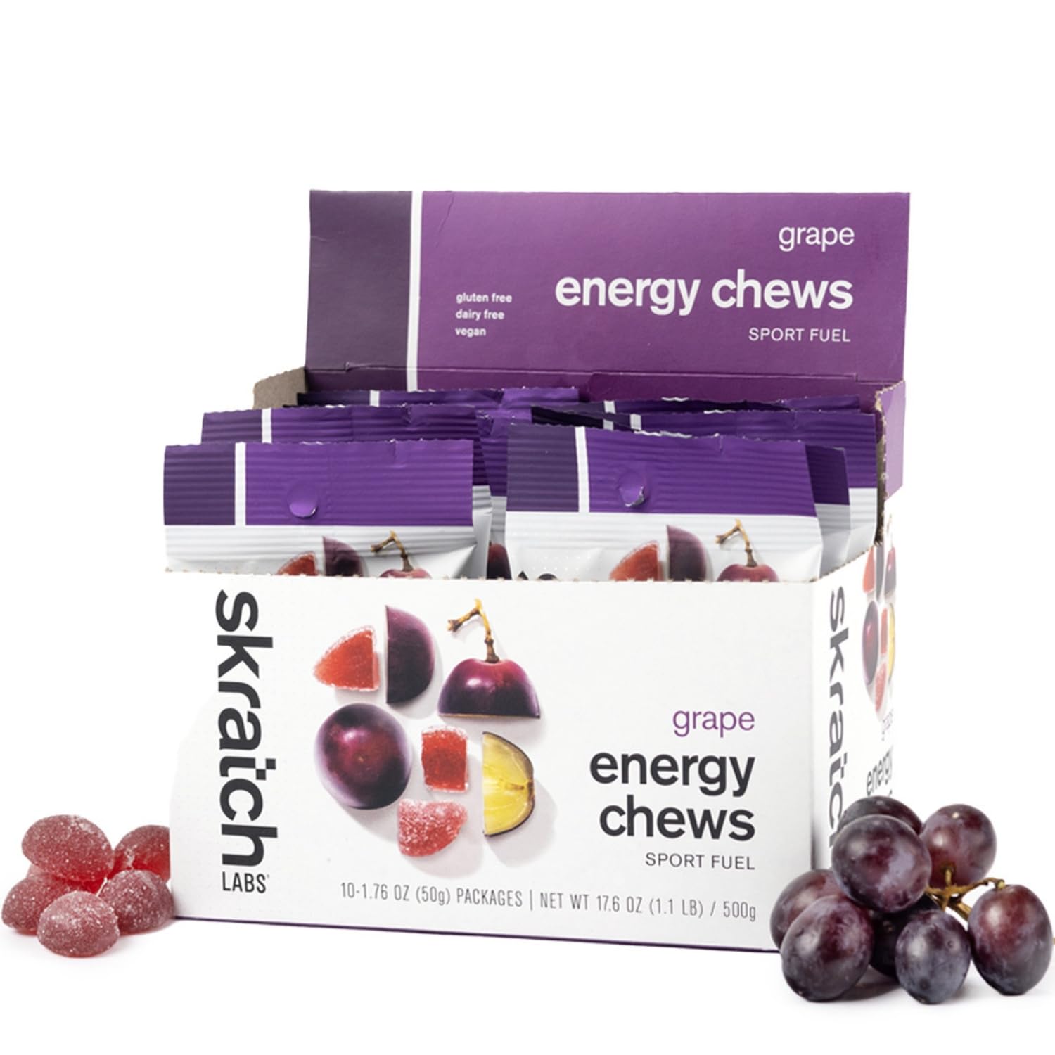 Skratch Labs Energy Chews | Gummies for Running, Cycling, and Sports Performance | Gel Alternative | Grape (10 Pack) | Gluten Free, Vegan