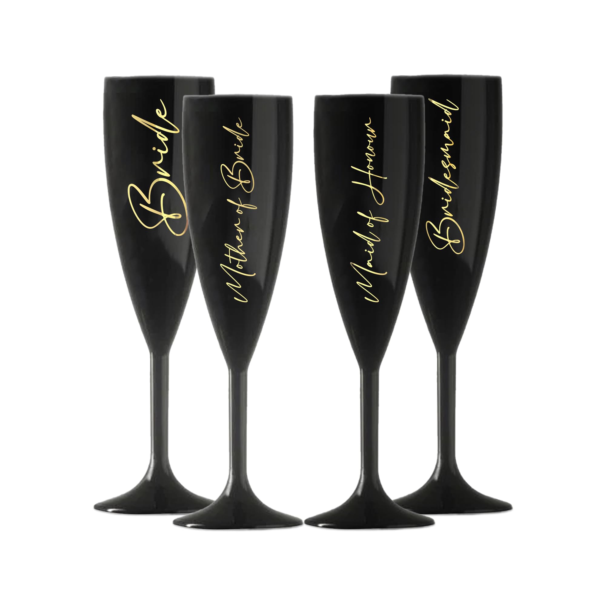 Print Maniacs Champagne Premium Black Flute Glass Bride Groom Mr Mrs Wedding Maid Honour Wine Cocktail Prosecco Celebrations Gift (Gold, Set of 4 Brides Set)