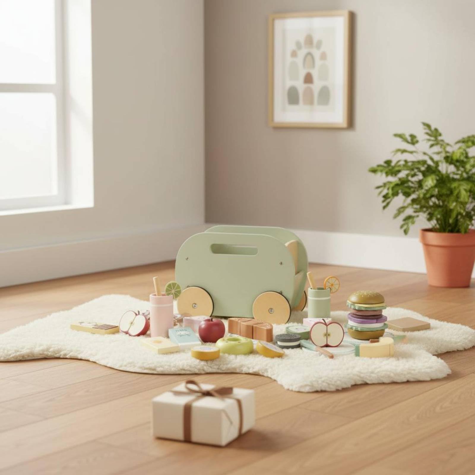 Kinder Spielzeug Wagen Kinderküchen Spielset Holz Imbisswagen Rollenspiel Essenswagen Lernspielzeug mit 31 Teilen Holzmaterial Tragbarer Ziehwagen für Vorschule Zuhause Garten