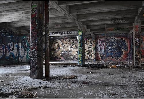 Miniatura 7 de YongFoto Telón de fondo de construcción abandonado de 10 x 6.5 pies, habitación subterránea desgastada, interior vacío, retro, graffiti, pared,