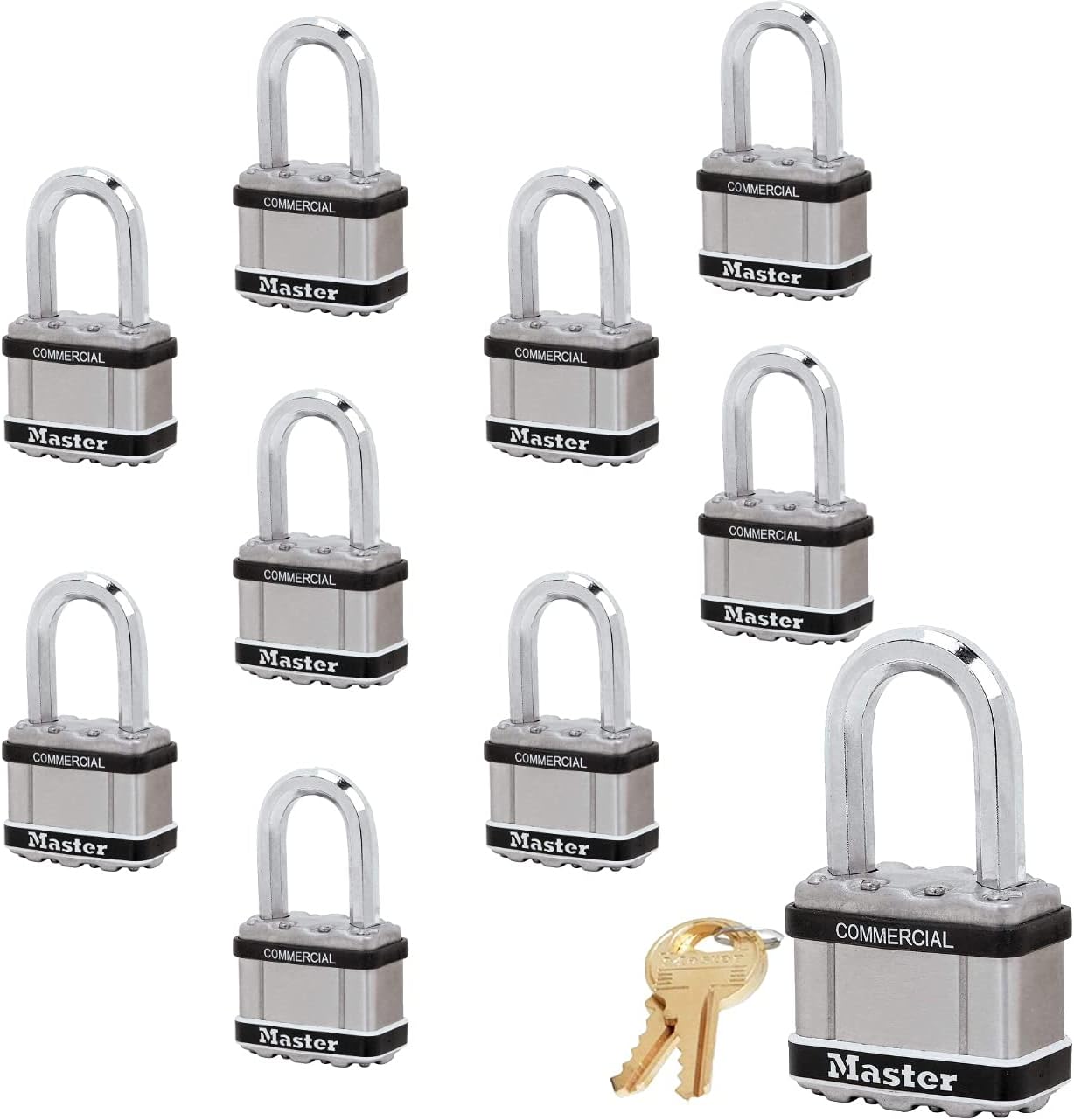 Master Lock Magnum Padlocks - 2 W x 1-1/2L Shackle, Ten (10) Keyed Alike Locks #M5NKALFSTS-10 w/BumpStop Technology