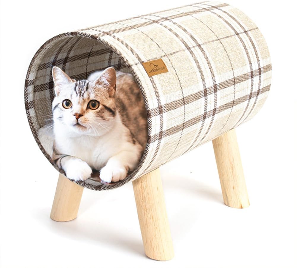 Cat Tunnel Bed with Wooden Legs, Elevated Cat Hammock & All-Seasons Lounger, Detachable Soft Cushion Cave for Indoor Cats and Small Dogs, Cozy Play Tunnel Hideaway Chair Tent