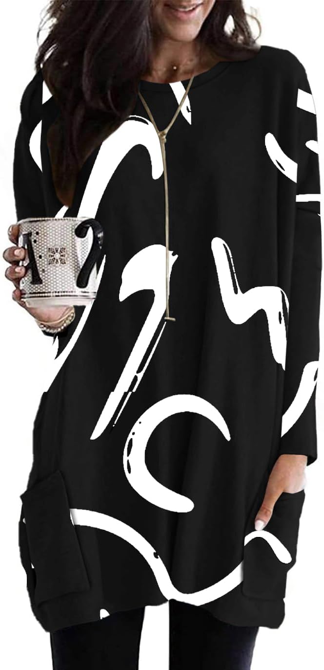 Naggoo Womens Long Sleeve Tunic Tops with Pockets for Leggings Casual Long T Shirts Floral Print Blouses