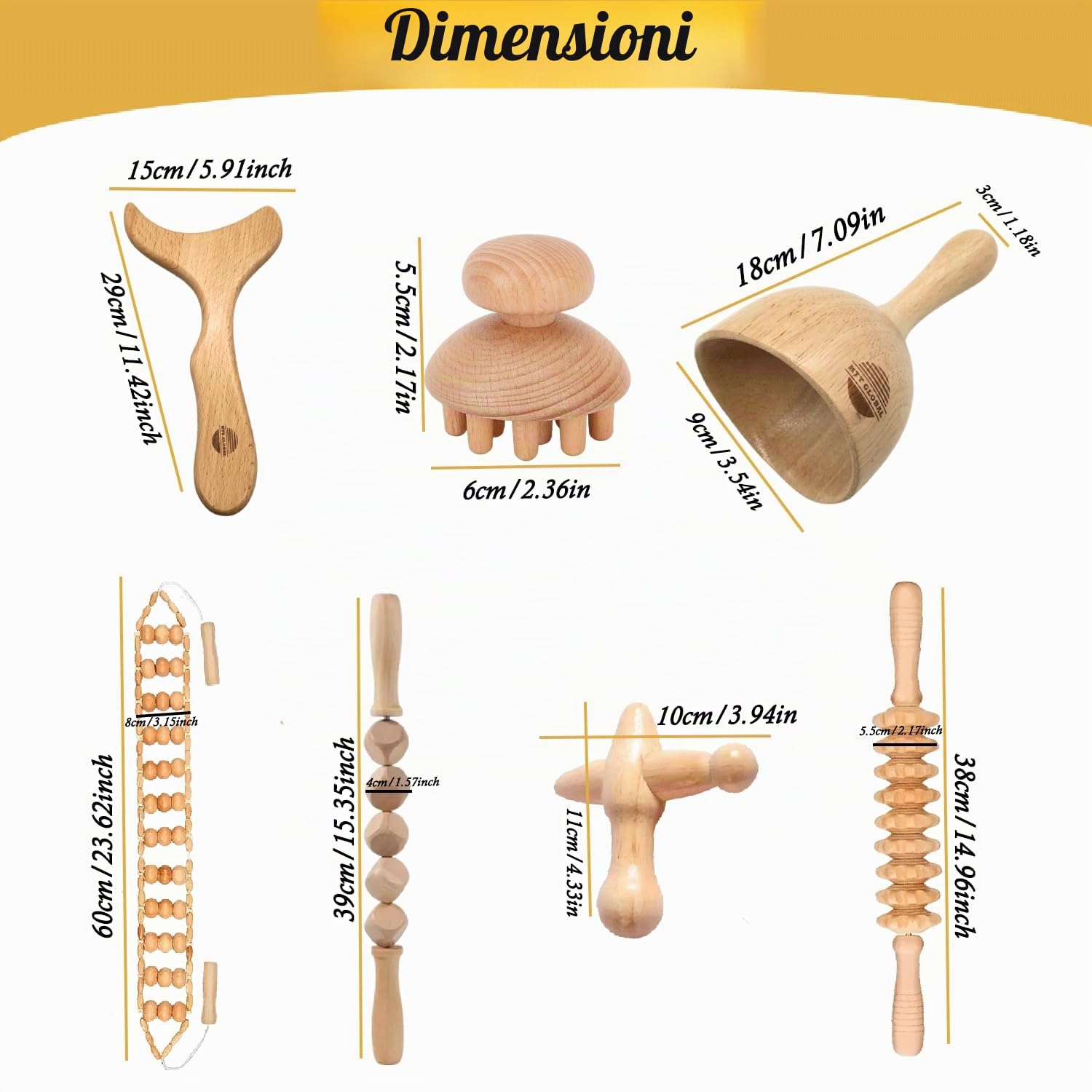 Wood Massager 7 Pezzi Set per Corpo, Strumenti di Maderoterapia per Massaggio Muscolare, Drenaggio Linfatico e Relax, Rulli e Barre in Legno per Gambe, Braccia, Schiena – Benessere Casa Spa