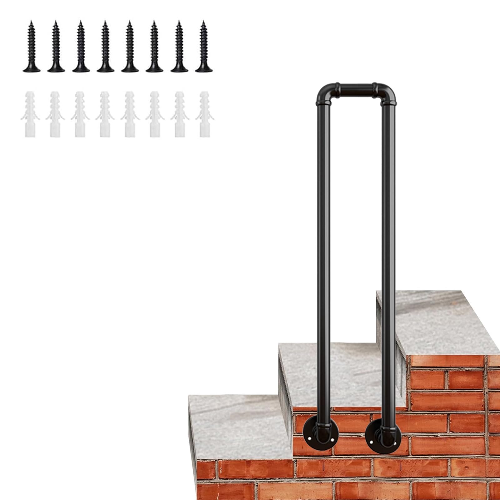 Renmlion Industrial Stair Railing Kit，Black U-Shaped Handrails for Indoor Outdoor Stairs，75cm/85cm/90cm/95cm/100cm Metal Staircase Banister Railing Safety Hand Rails Support Rod(100cm/39in)