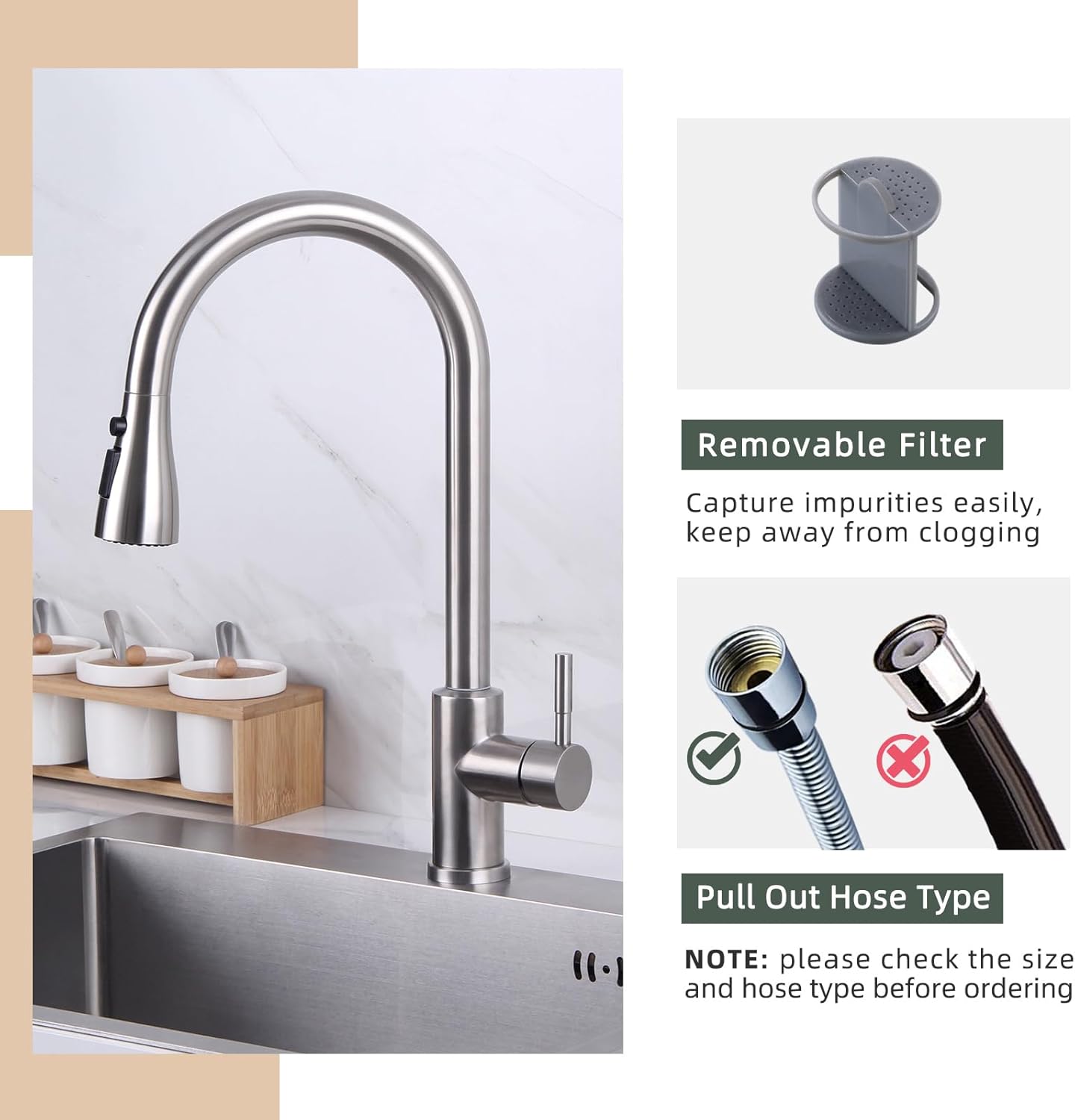 APLusee Brushed Nickel Kitchen Faucet Head Replacement, 3 Functions Sink Spray Nozzle