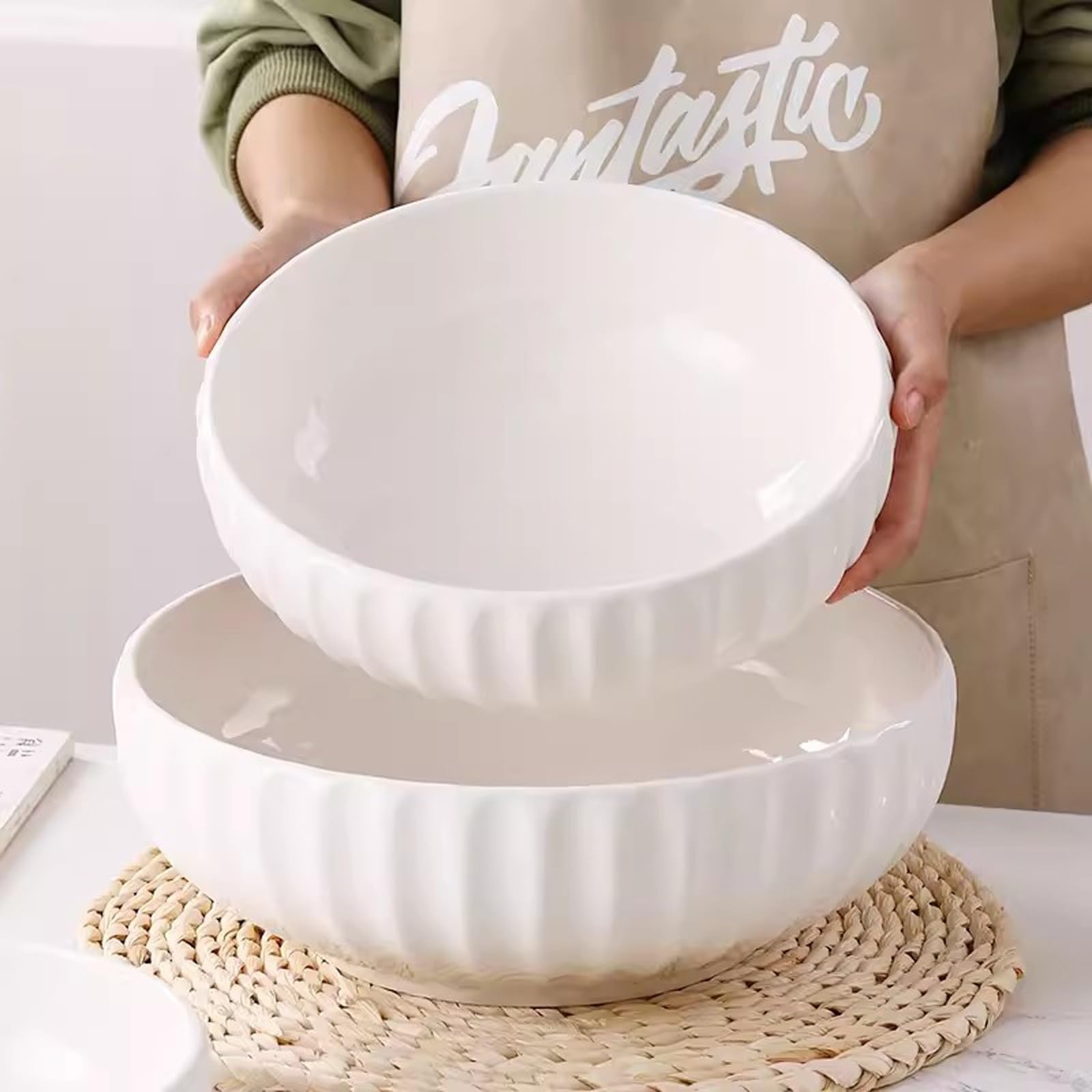 Bol de céréales Grand bol à soupe, grand bol à soupe domestique, trois types de bols grands, moyens et petits, grand bol à soupe en céramique, bol à salade Bols à soupe pour la cuisine(10inch)