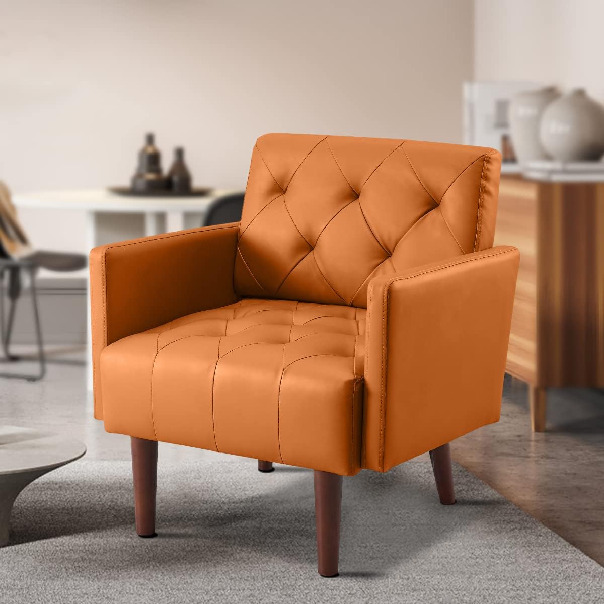 Faux Leather Accent Chair, Modern Retro Arm Chair for Living Room and Bedroom Tufted Upholstered Sofa Club Chair Comfy Armchair for Small Spaces Bedroom Office (Orange)