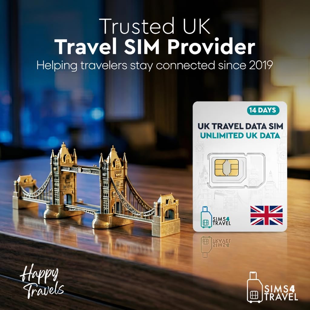UK Travel Data SIM Card – Unlimited UK Data – O2 UK Network – Prepaid Physical SIM for USA Travellers – Works with Unlocked Devices (14 Days)