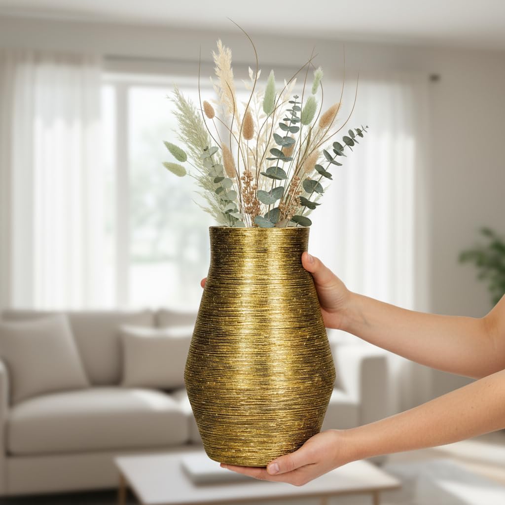 Large Gold Vase - 11 Inch Tall Ceramic Decorative Vases Home Decor Modern Pottery Flower Vase for Centerpiece Entryway Console Table Fireplace Kitchen Decor