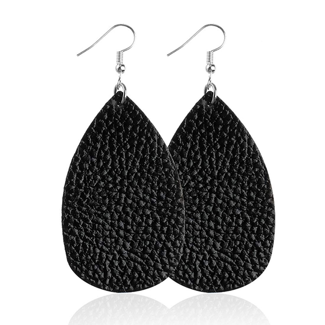 Leather Earrings for Women Teardrop Leather Earrings Simple Dangle Earrings (Black)